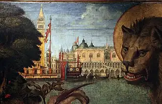 Tableau avec végétation et tête de lion auréolée au premier plan, au second de l'eau, au fond un campanile et une façade ouvragée