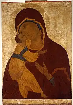 Notre-Dame de Vladimir. Icône de l'église chauffée (?) Début du XVIe&nbsp;siècle. Vologda. Musée-réserve de l'État d'art et d'architecture de Vologda.