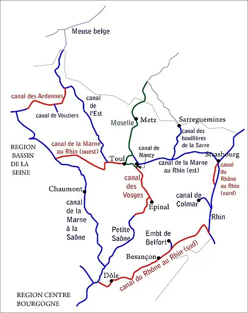 Canal de Nancy sur la carte des voies navigables de la région Est.
