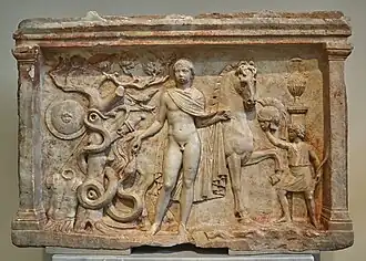 Relief votif de Polydeukès, IIe&nbsp;siècle, Musée national archéologique d'Athènes (Inv. 1450).