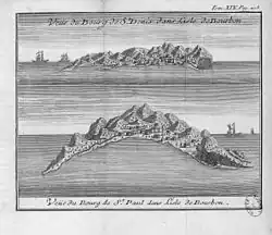 Vue de la rade de Saint-Denis (en haut) et de la baie de Saint-Paul (en bas) au cours du XVIIIe siècle.