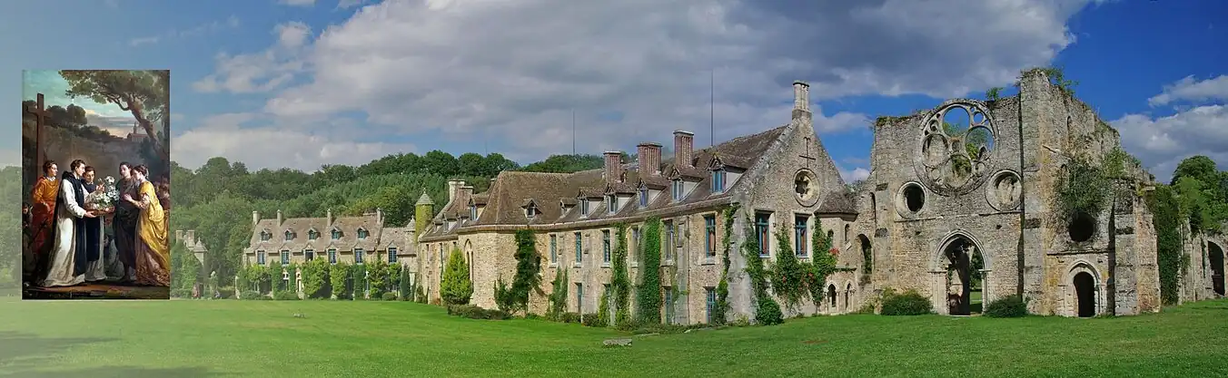 (1) Abbaye des Vaux-de-Cernay. (2) L'abbé Thibaut offrant une gerbe de 13 lys au roi Louis IX (Saint Louis) et à son épouse Marguerite de Provence anticipant la naissance des 11 enfants de la reine. L'original du tableau est à Versailles&nbsp; Joseph-Marie Vien,1716-1809.
