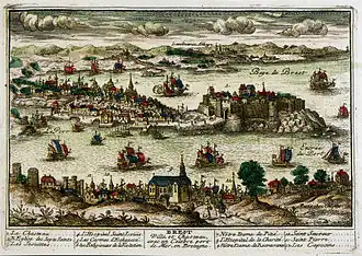 Vue cavalière de Brest et de sa rade au XVIIe siècle.