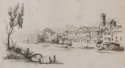 Vue de la ville italienne d'Orta San Giulio, dessin par le général Rouen, XIXe siècle, vers 1868.