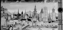 Photographie noir et blanc d'une miniature représentant une ville avec au-delà d'une rivière une cathédrale.