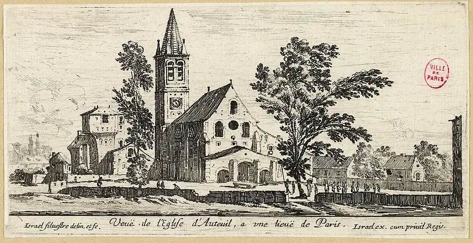 Vue de l'église d'Auteuil au XVIIe siècle (gravure d'Israël Silvestre).
