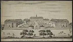 Gravure ancienne noir et blanc. Ensemble de l'hôpital en vue plongeante. Au premier plan, le cours d'Ablois avec ses arbres.