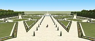 Vue simulée du parterre depuis le premier étage du château. XVIIIe siècle.