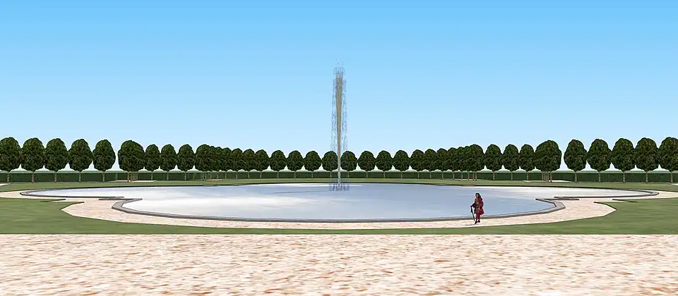 Vue depuis le bout de l'allée centrale, au bout des parterres, devant le grand bassin quadrilobé.