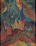 Walter Ophey : Église avec le soleil, Bigge, 1919-1920, huile sur toile, 70&nbsp;×&nbsp;50&nbsp;cm