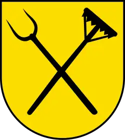 Armes de Stuttgart-Heumaden : fourche à faner et rateau à foin. Les fourches à foin n'ont que 2 ou 3 doigts.