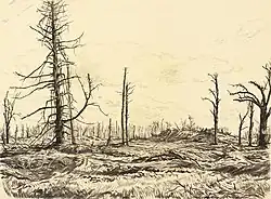 Dessin de Muirhead Bone : l'emplacement du château (1918).