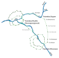 Carte montrant les forts de Varsovie et la forteresse de Modlin, avec les ouvrages de liaison (certains jamais construits).