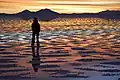 Coucher de soleil sur le Salar partiellement recouvert d'eau.