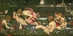 Sous baiser d'une jeune femme, un jeune homme allongé s'éveille, entouré d'anémones rouges et blanches que recueille un enfant