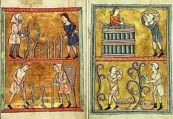 Photographie montrant une illustration médiévale du travail de la vigne : en haut à gauche, la taille et l'attachage de la vigne et en bas le travail du sol. En haut à droite, le pressurage du raisin et en bas, les vendanges.