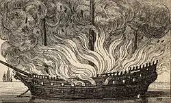 Navire en feu. Les brûlots lancés par Sourdis provoquent l'incendie de 17 vaisseaux espagnols et la mort de 4 à 5 000 marins.