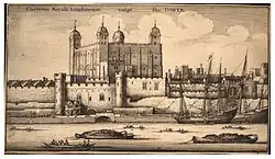 Gravure d'époque. Tour massive, entourée de fortifications, vue du sud. Elle se trouve au bord du fleuve où glissent des barques. Trois chalands chargés sont au mouillage. Deux grands voiliers sont amarrés à quai.