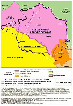 Frontières en 1918, fonction des revendications territoriales autour de la république populaire d'Ukraine occidentale (1918 - 1921). La Transcarpatie est prise au royaume de Hongrie.