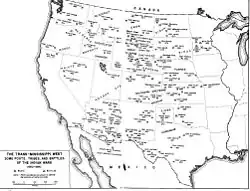 Une carte en noir et blanc de l'ouest des États-Unis montrant les forts, batailles et les localisations des tribus indiennes de 1860 à 1890.