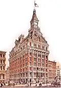 Lithographie de 1875, à l'angle de Dey Street et Broadway;