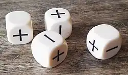 Dés « Fudge » issus du jeu de rôle Fudge.