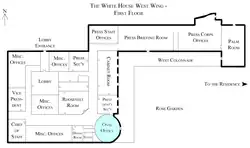 Plan du rez-de-chaussée/rez-de-jardin de l'aile Ouest avec en bleu le Bureau ovale.