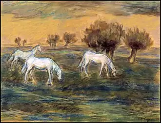 Chevaux blancs dans la plaine (1984), pastel, 44 × 63 cm, Musée des Franciscaines à Deauville.