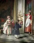 Enfants offrant un bouquet de fleurs et une composition florale dans un panier