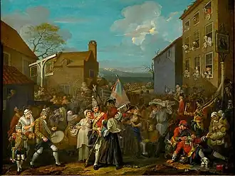 Huile sur toile. Soldats débandés au milieu d'une foule