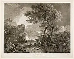 Niobé est au centre, serrant un petit enfant vers elle et lève les yeux vers le ciel. À droite, Apollon et Artémis tirent des flèches sur ses enfants. Plusieurs sont déjà morts ou blessés ; les autres, à gauche, tentent de s'échapper. Il y a une masse d'arbres cassés à l'extrême droite, une forteresse et une mer orageuse avec un éclair à gauche. L'image est dans le sens inverse de celui du tableau, à savoir que l'arbre du premier plan est à droite et la forteresse à gauche.