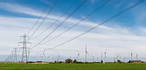 Éoliennes et lignes à haute tension près de Rye, en Angleterre.