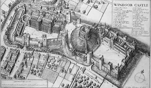 Gravure détaillée d'un château vue depuis les airs. Le château est divisé en trois parties avec un monticule circulaire au milieu au-dessus duquel se trouve un donjon. Les bâtiments et les murs semblent bas et larges depuis cet angle de vue.