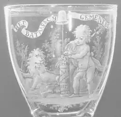 Scène patriotique avec le Lion belgique, le bonnet de la liberté et le putto avec une corne d'abondance, portant l'inscription « Le Commonwealth batave », vers 1765, gravure au poinçon de David Wolff&nbsp;(d).