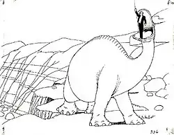 Gertie amenant McCay sur son dos avec sa bouche.