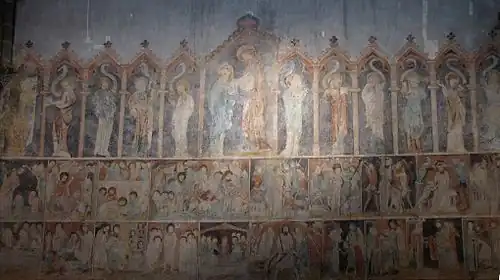 Fresque gothique "Apôtres, Vie et Passion du Christ, Œuvres de Miséricorde" (XIVe&nbsp;siècle).