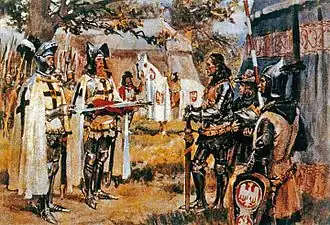 Peinture de Wojciech Kossak représentant des soldats teutoniques donnant les épées de Grunwald aux Polonais avant la bataille