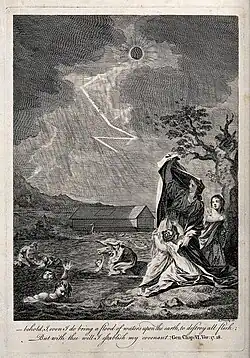 Women shelter in fear by a tree, as the deluge sweeps the land (Wellcome Collection).