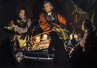 Tableau de Joseph Wright, réalisé vers 1766, intitulé Philosophe faisant un exposé sur le planétaire