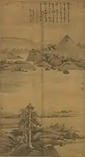 Vieux pêcheur (Fuyu tu), Wu Zhen, 1342, encre sur soie, rouleau vertical, 176,1&nbsp;×&nbsp;95,6&nbsp;cm. Musée national du palais, Taipei.