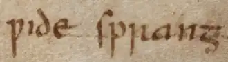 ‹&nbsp;ƿide ſpꞅanᵹ&nbsp;› (wide sprang) avec le wynn et le p clairement distincts (Cotton MS Vitellius A XV f. 132r, ligne 17).