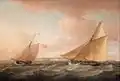 Deux cotres au large de Ramsgate: le navire derrière arbore le Red Ensign et l'autre arbore le Red Ensign modifié de Trinity House (Thomas Whitcombe, c. 1810, National Maritime Museum).