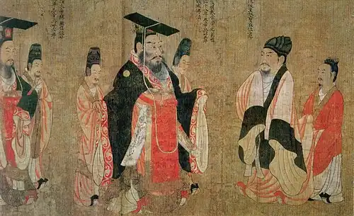 Rouleau des Treize Empereurs attribué à Yan Liben, actif en 640-673, rouleau horizontal, encre et couleurs sur soie, 51&nbsp;×&nbsp;531&nbsp;cm, détail. Boston Museum of Fine Arts.