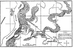 Carte des voies navigables parcourues au début de l'expédition. Commençant au Yazoo Cut sur le Mississippi juste en dessous de Helena, Arkansas, elle passe par Moon Lake, puis le long du Yazoo Pass jusqu'à la Coldwater River.