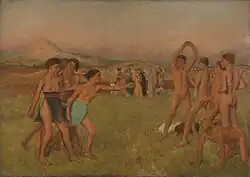Tableau représentant deux groupes de jeunes, des garçons qui luttent et des filles venues les interpeller.