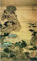 Au mont Li pour fuir la chaleur. Yuan Jiang, 1702. Encre et couleurs sur soie, 216.7 x 42.4 cm. Musée de la capitale, Beijing