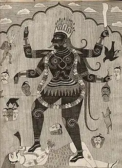 Représentation d'une figure monstrueuse féminine avec quatre bras tenant des têtes humaines.