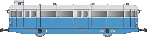 Autorail avec un bas de caisse bleu clair et un haut de caisse gris clair.