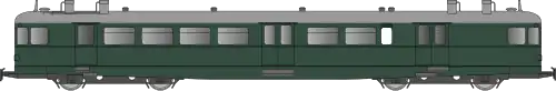 Autorail long avec caisse entièrement vert foncé et toit gris.