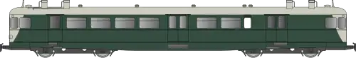 Autorail long avec caisse vert foncé et toit et extrémités de caisse crème.